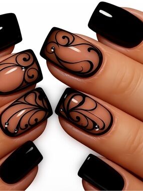Black French Gothic Swirl Press On Nails Rhinestone Nude Nail Set Kit